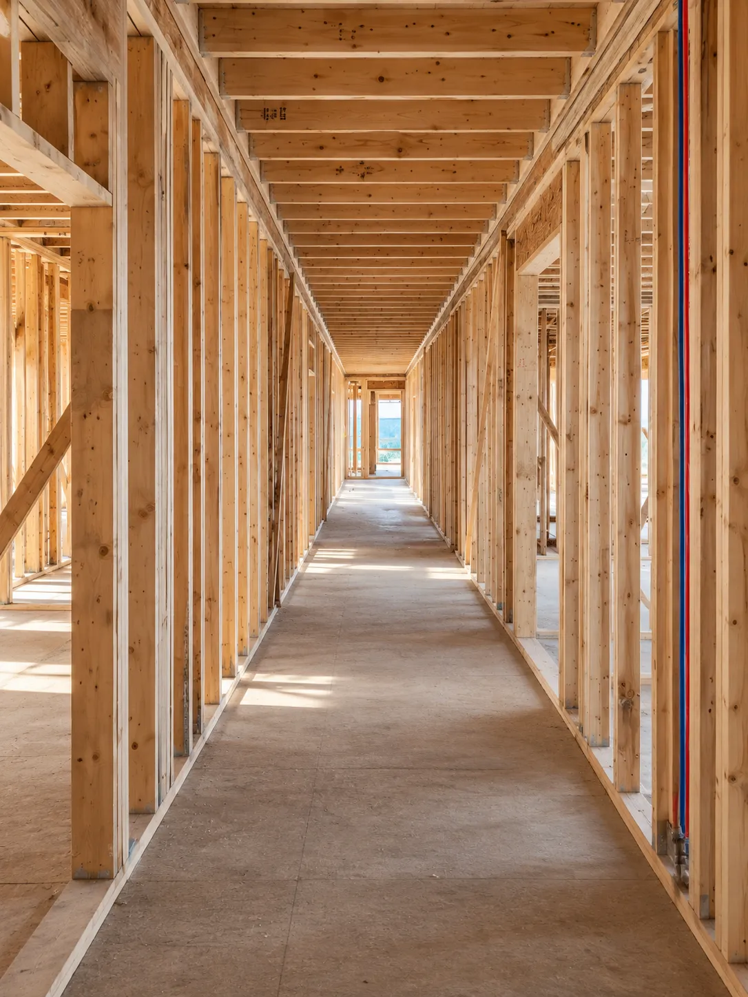 Corridor of a timber-framed building under construction