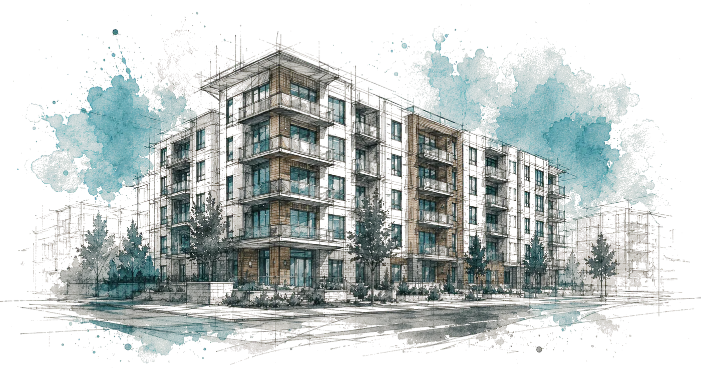 Watercolour sketch of a mid-rise residential building under construction