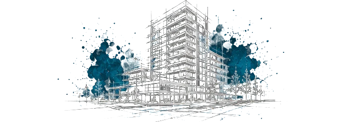 Line sketch of a mid-rise building with watercolour trees